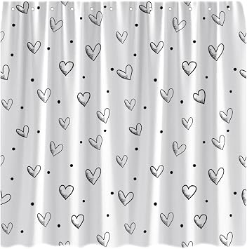 Valentines Day Shower Curtain Black White Love Heart Romantic Sweetheart Lover Girls Woman Bathroom Curtains Decor Fabric with Hooks