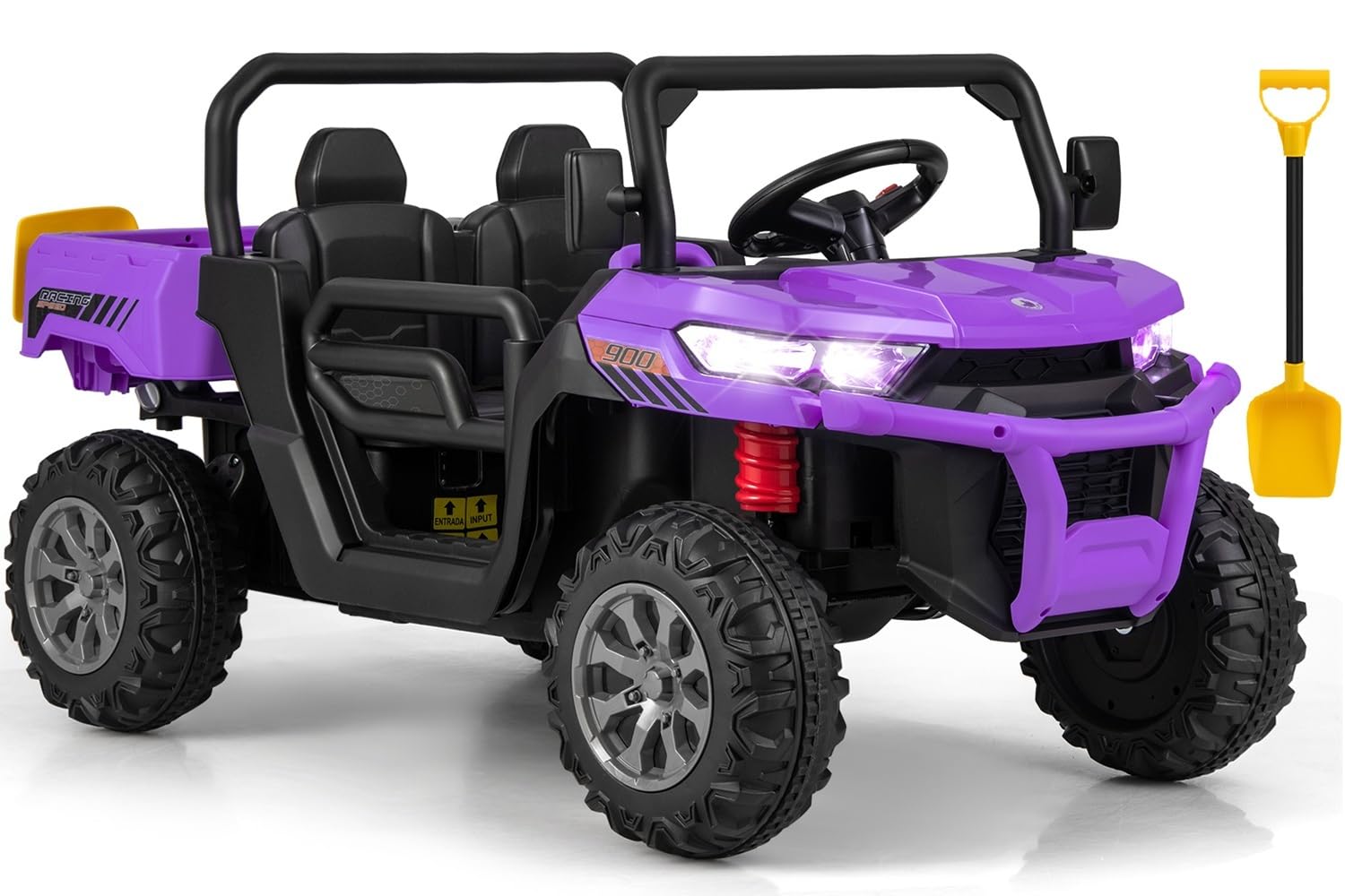 OLAKIDS 2 Seater Ride On Car, 12V Off-Road UTV Electric Vehicle with Remote Control, Dump Bed, Extra Shovel, Music, USB, AUX, Rocking Function, Kids Toddlers Battery Powered Truck (Violet)