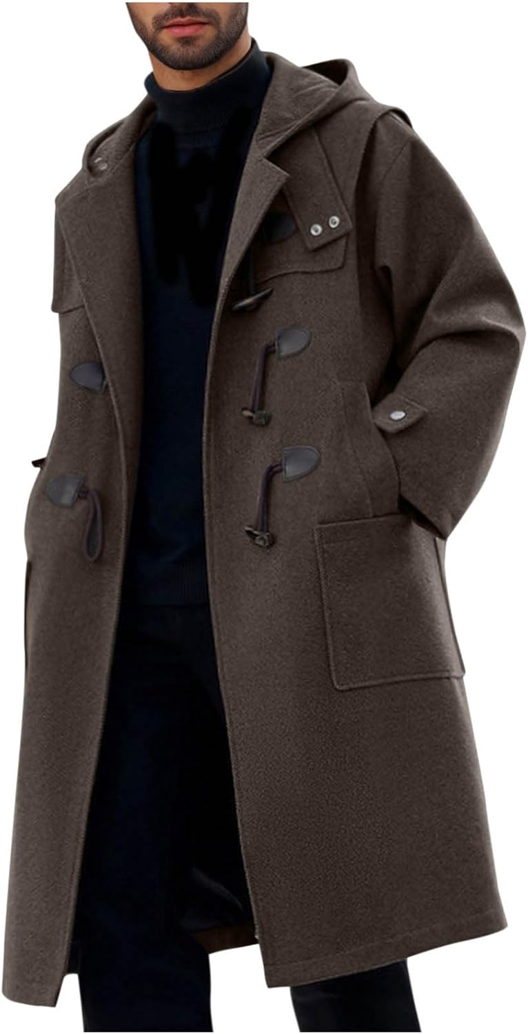 Men's Wool Toggle Duffle Coat Long Sleeve Pocket Hoodies Winter Coat with Leather Buckles Oversized Walking Overcoat