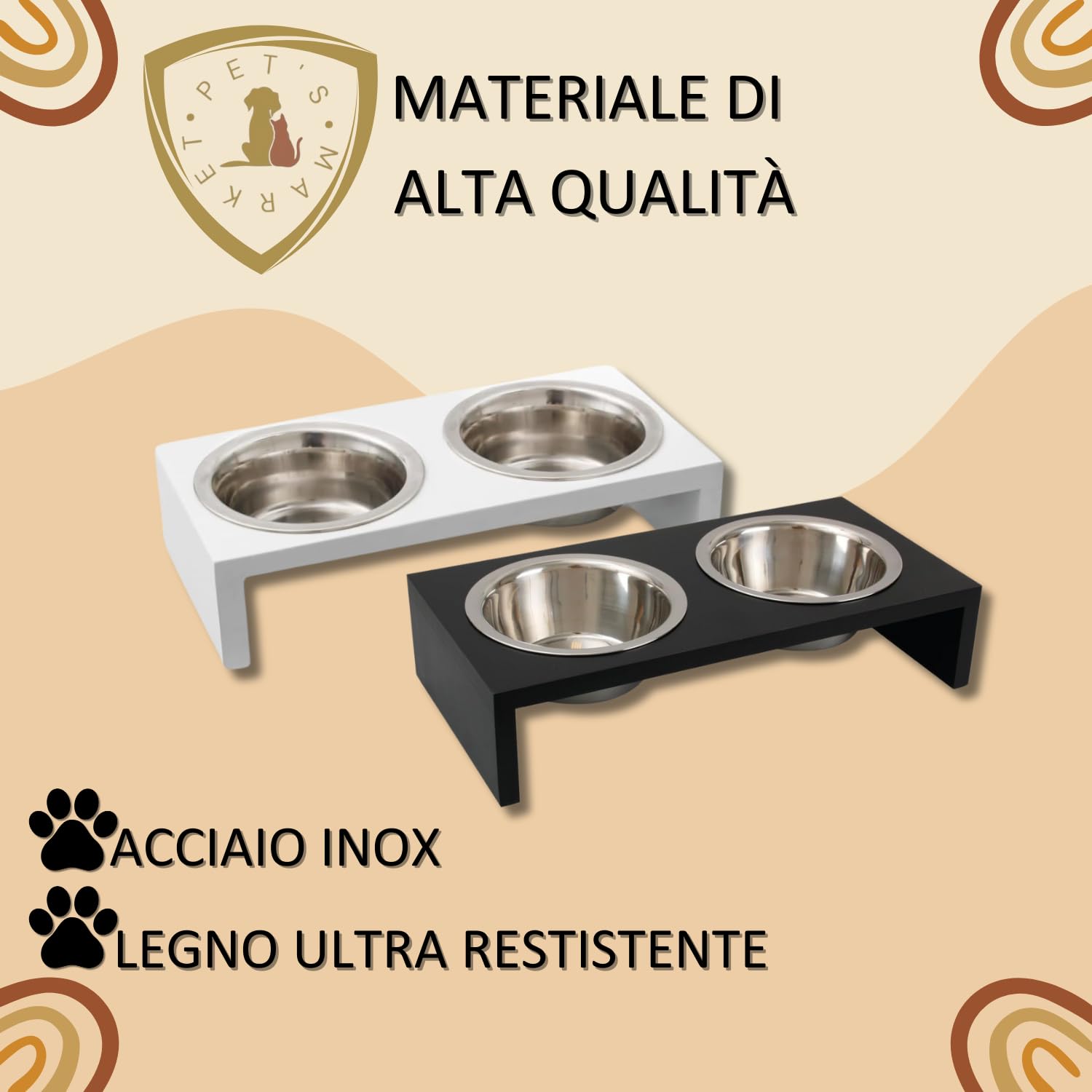Pet's Market Ciotola Cane Gatto Doppia per la Pappa con Supporto in Legno in Diverse Dimensioni e Colori 2x220 ml 2x380 ml 2x650 ml (2x650 ml Nero)