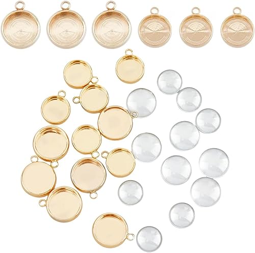 SUPERFINDINGS Juego de bandejas colgantes redondas planas y redondas de 2 tamaños, 18 quilates, incluye 12 juegos de bisel en blanco con bandeja de