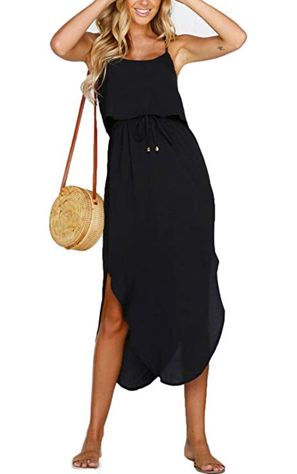 Starlifey Damen Sommerkleider Ärmellos Strandkleid Boho Maxikleid Verstellbaren Spagettiträgern Kleider mit Schlitz