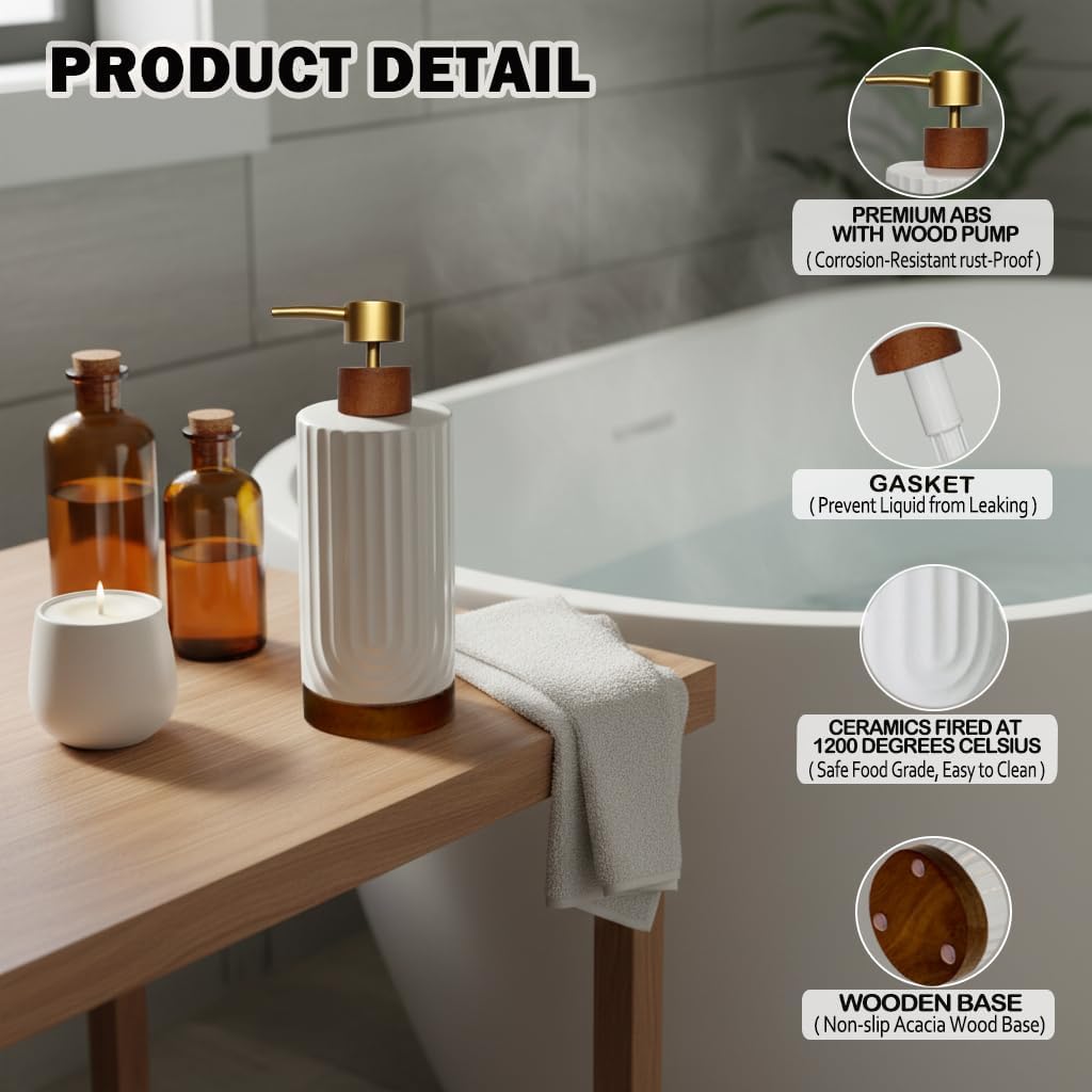 White Soap Dispenser,Ceramic with Wood Hand Soap Dispenser, 16oz Refillable Liquid Bottle, for Modern Home Decor, Bathroom, Kitchen Countertop, Hotel (White)
