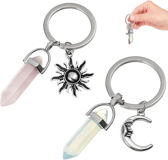 PRETYZOOM 2pcs Friends Crystal Stone Keychain Moon and Sun Charms Keyring Healing Crystal Keyring Keychain Couples Sisters BFF Jewelry Keychain