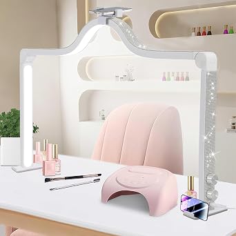Half Moon Light for Nail Desk, 34.5In Foldable Square Nail Tech Lamp with Phone Holder, 3000-6000K Dimmable Half Moon Manicure Light for Lash Eyelash Extension, Tattoo, Eyebrows, Crafts White, A