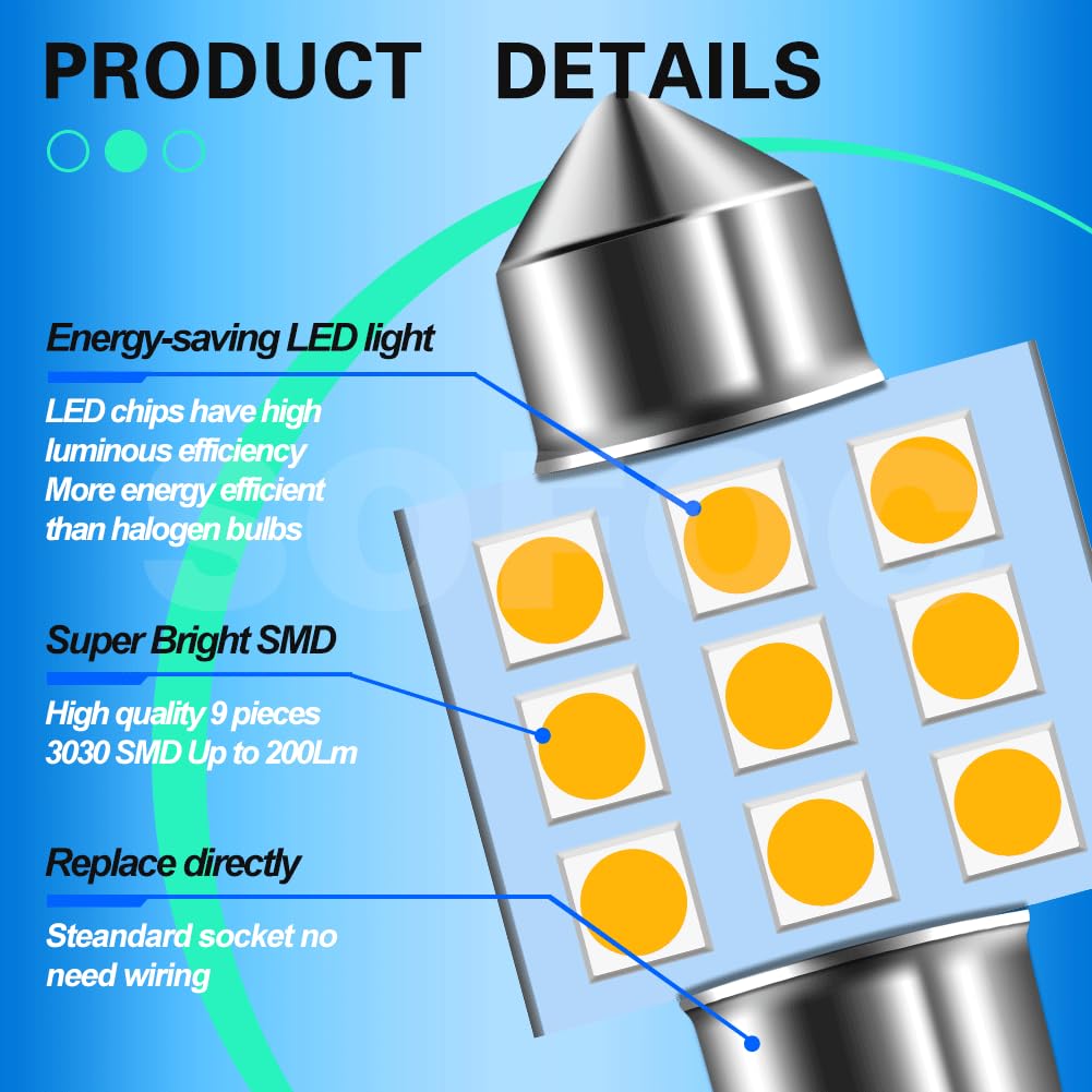 SOFOC LED Festoon Bulb 31MM Warm White 12V AC/DC per luce interna auto, plafoniera, luce di cortesia, lampada mappa, luce targa 10Pcs
