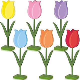 6pcs Spring Tulips Wood Signs Rustic Farmhouse Tulip Flowers Table Decoration Retro Tulip Table Centerpiece Tiered Tray Decor Multicolor Tulips Floral Block Tabletop Signs Home Decor(Stylish)