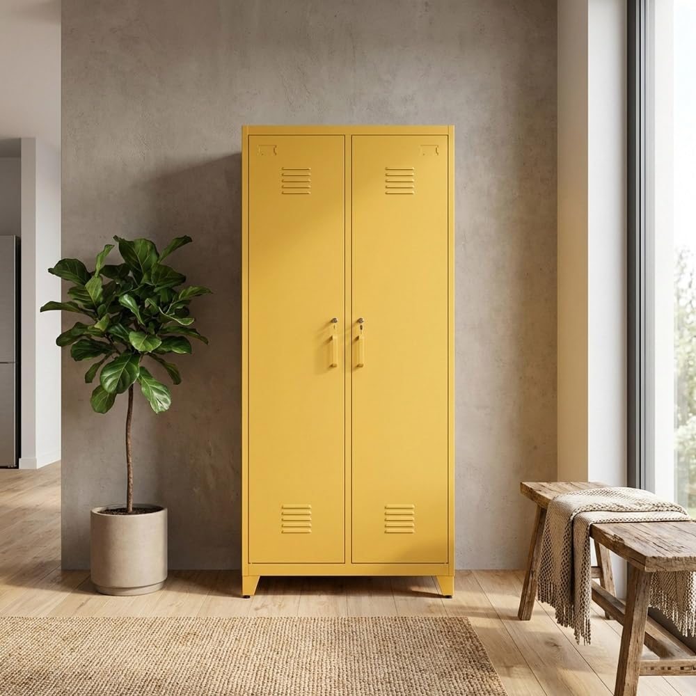 Brigros - Armadietto Spogliatoio Metallico 190x85x50 Cm Con Serratura, Armadio Metallico Multiuso Con Vari Ripiani Con 2 Ante In Metallo Per Ufficio, Spogliatoio, Palestra Senape (RAL1006)
