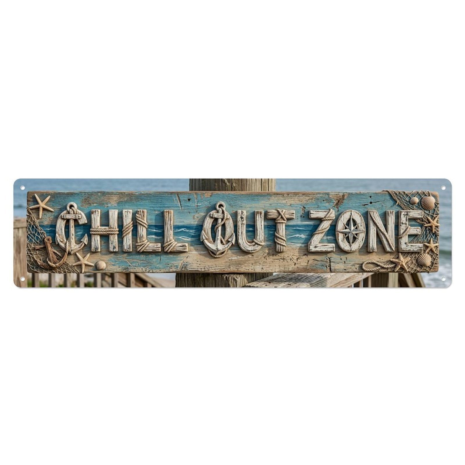 Chill Out Zone Faded Deck 4 Metal Tin Skinny Sign Plaque Wall Decor for Cafe, Club Bar, Office, Home Garden Metal Poster 4x16Inch