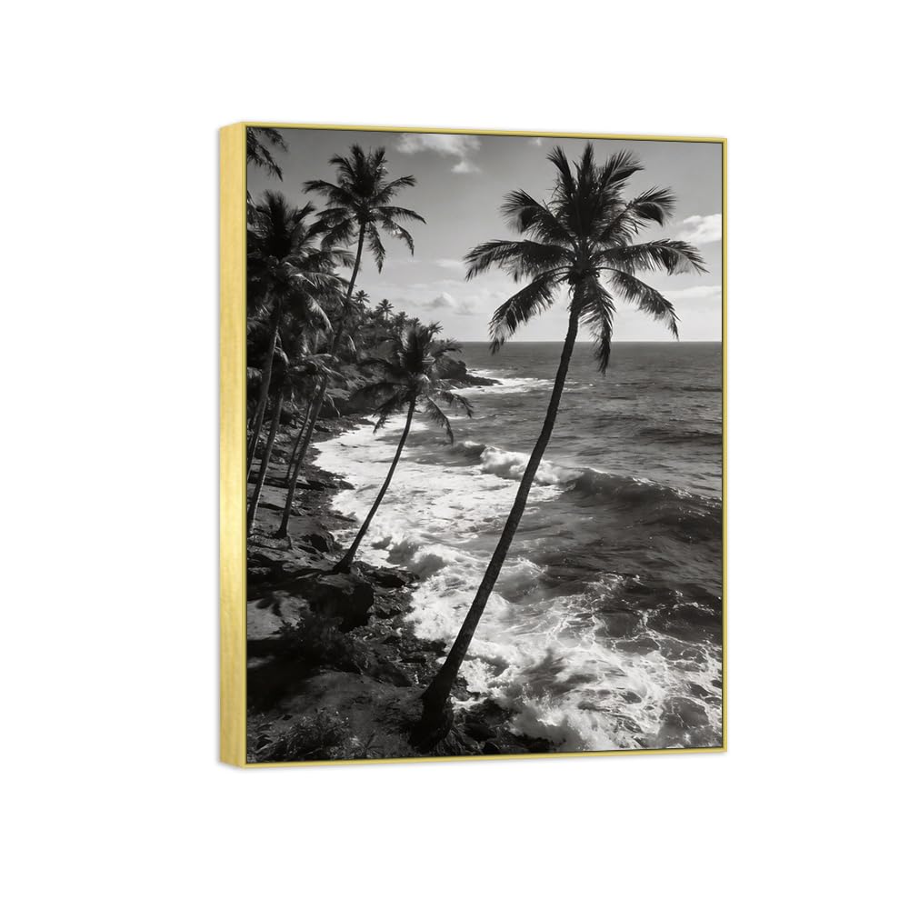 Sea Palm Tree Black White Landscape Canvas Picture 90x117cm Gold Frame