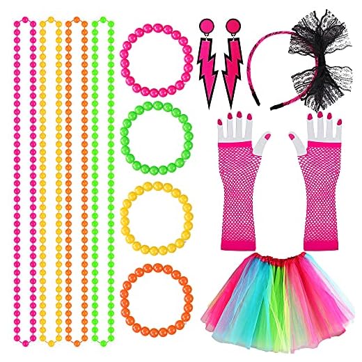 14 st 80-tals festklänning tillbehör temafest kostym 80 år kostym tillbehör set med damer regnbåge tutu kjol damer neon halsband flerfärgad pärlkedja för 1980 party kostym damer set