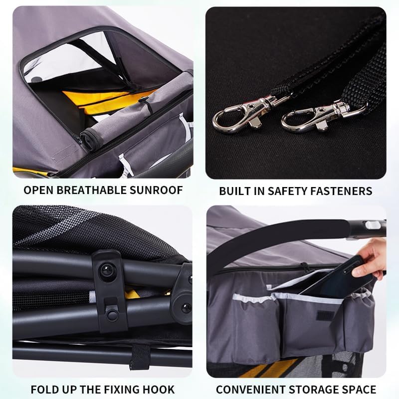Miniatura 7 de Cochecito grande para perros de 4 ruedas para perros medianos o 2 perros, plegable con un solo clic, malla transpirable grande y techo solar,