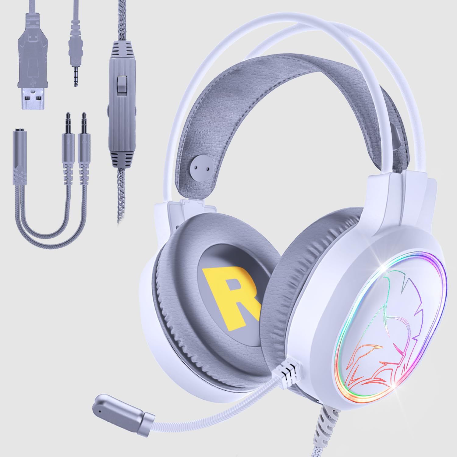EMPIRE GAMING – 2024 – Icarus S17 Auriculares para Juegos RGB – para PS5, PS4, Xbox One/Series, PC, Mac, Smartphones, tabletas – Mando a Distancia - Micrófono felxible – Blanco