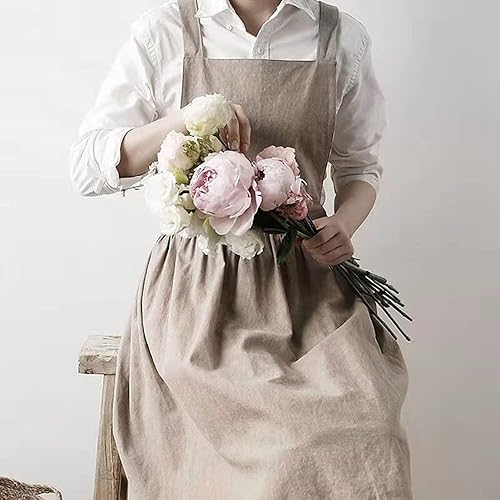 Miniatura 3 de SF-ZXTINP Delantal de cocina de algodón y lino para mujer con bolsillos, lindo para hornear, pintar, jardinería y limpieza