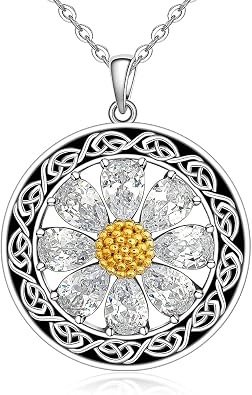 Daisy Necklace for Women Sterling Silver Celtic Knot Birth Flower Sunflower Necklace Pendant Cubic Zirconia Sunshine Daisy Jewelry Gifts