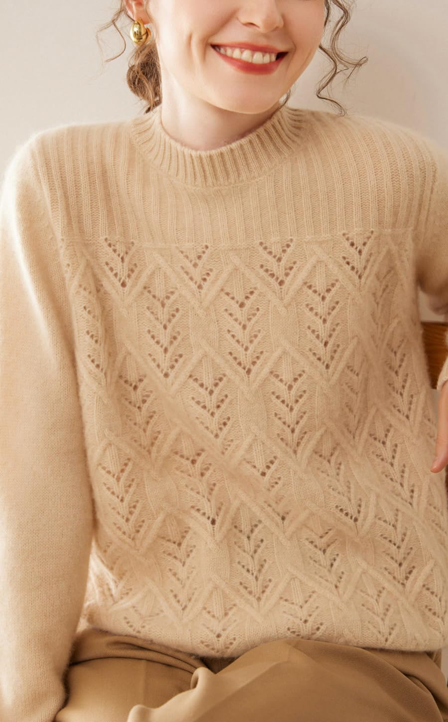 E-girl Maglione da donna 95% cashmere, girocollo, a maniche lunghe, lavorato a maglia, da donna, in lana di cashmere, con crepe, rilassato, DF8091