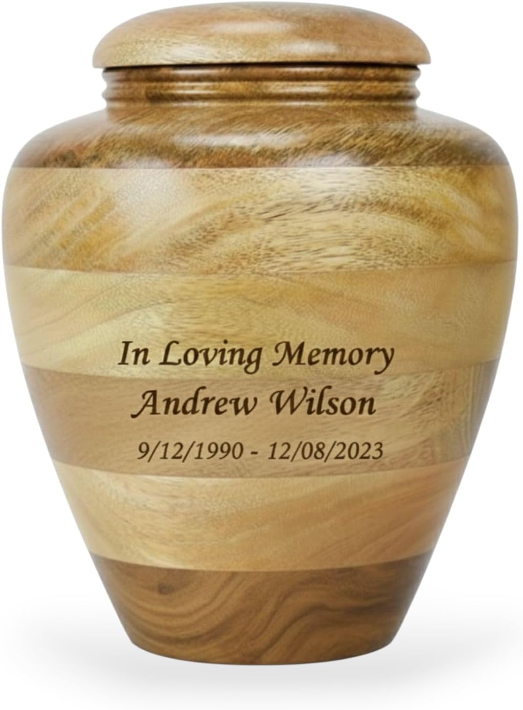 Personalized Round Cremation Urn for Human Ashes | Custom Engraved Wooden Memorial Urn | Handcrafted Funeral Keepsake Urn (Brown)