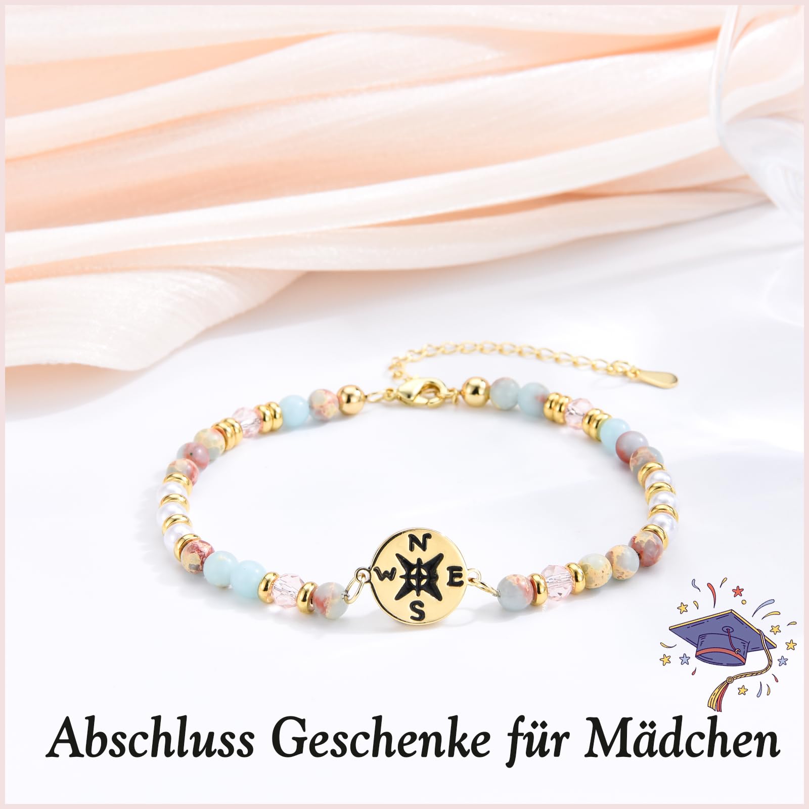 Abschluss Armband, Abitur Geschenke Mädchen, Armband mit Kompass als Geschenke zum Abi Schulabschluss Realschulabschluss Uni Master Abschluss für Tochter Schwester Enkelin Nichte Freundin