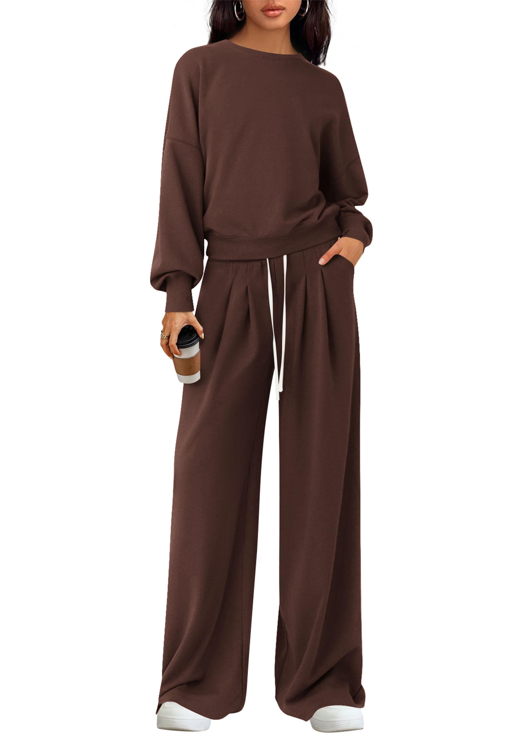 PRETTYGARDEN Womens 2 Piece Sets Long Sleeve Sweatshirt Wide Leg Pants Loose Matching Lounge Set Trendy Fall Outfits