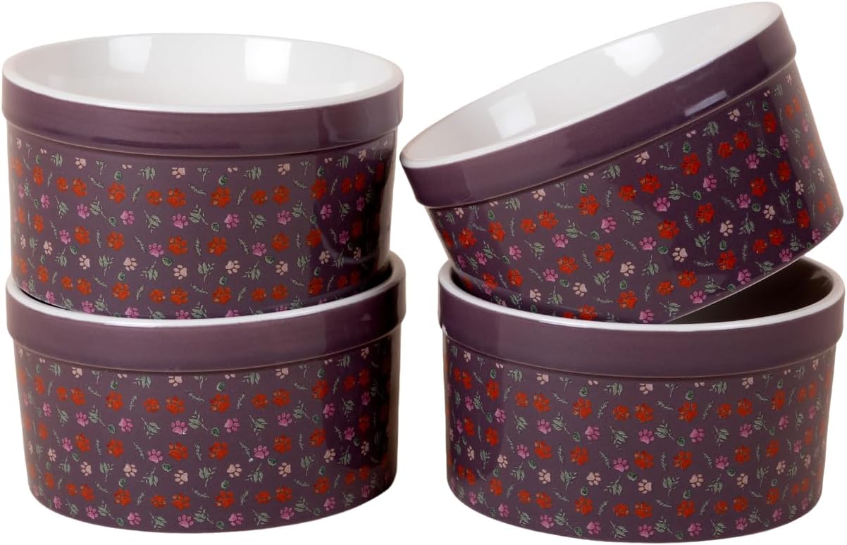 Paw Print Ramekin - Set of 4, 14 onces, Dishwasher and Oven Safe (Paws & Sprigs)