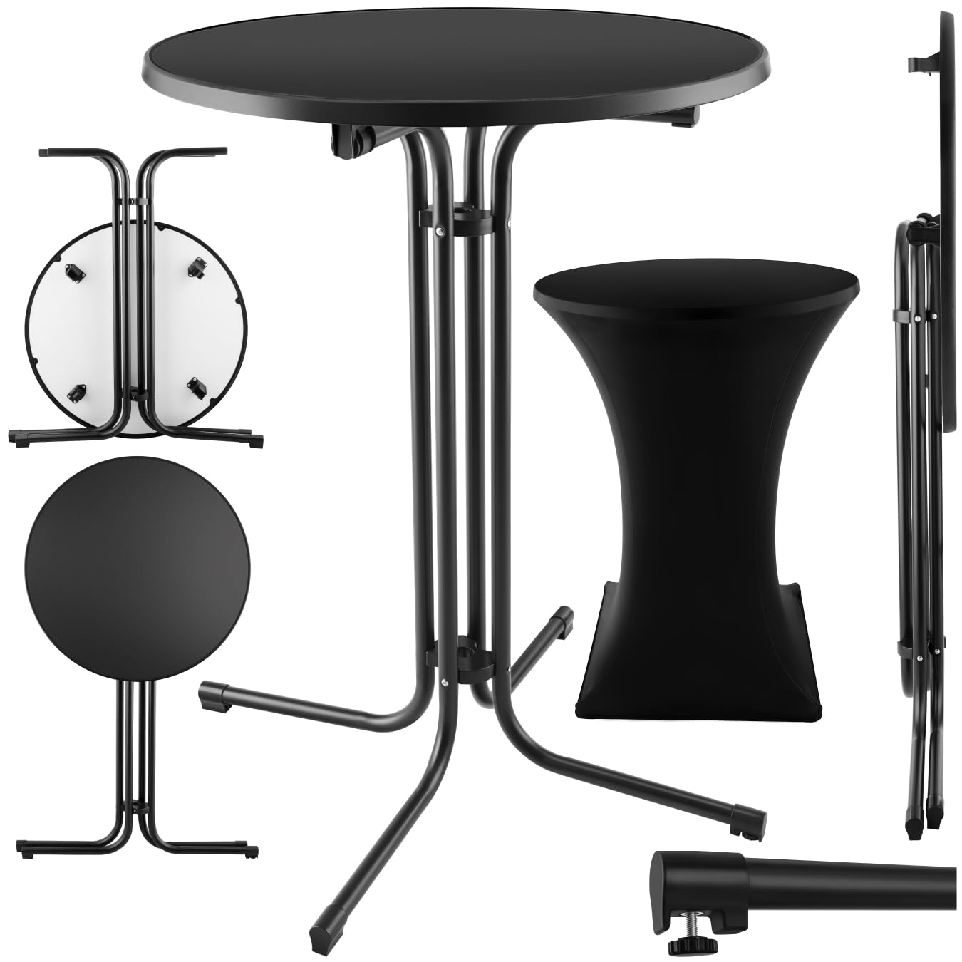 tectake® Gastro Stehtisch klappbar, Bistrotisch mit Husse, Tisch Ø80cm, Stehtisch mit MDF-Tischplatte, Gartentisch klappbar, Klapptisch, rund, Stahlgestell, stabil und robust - schwarz, 1 Stehtisch