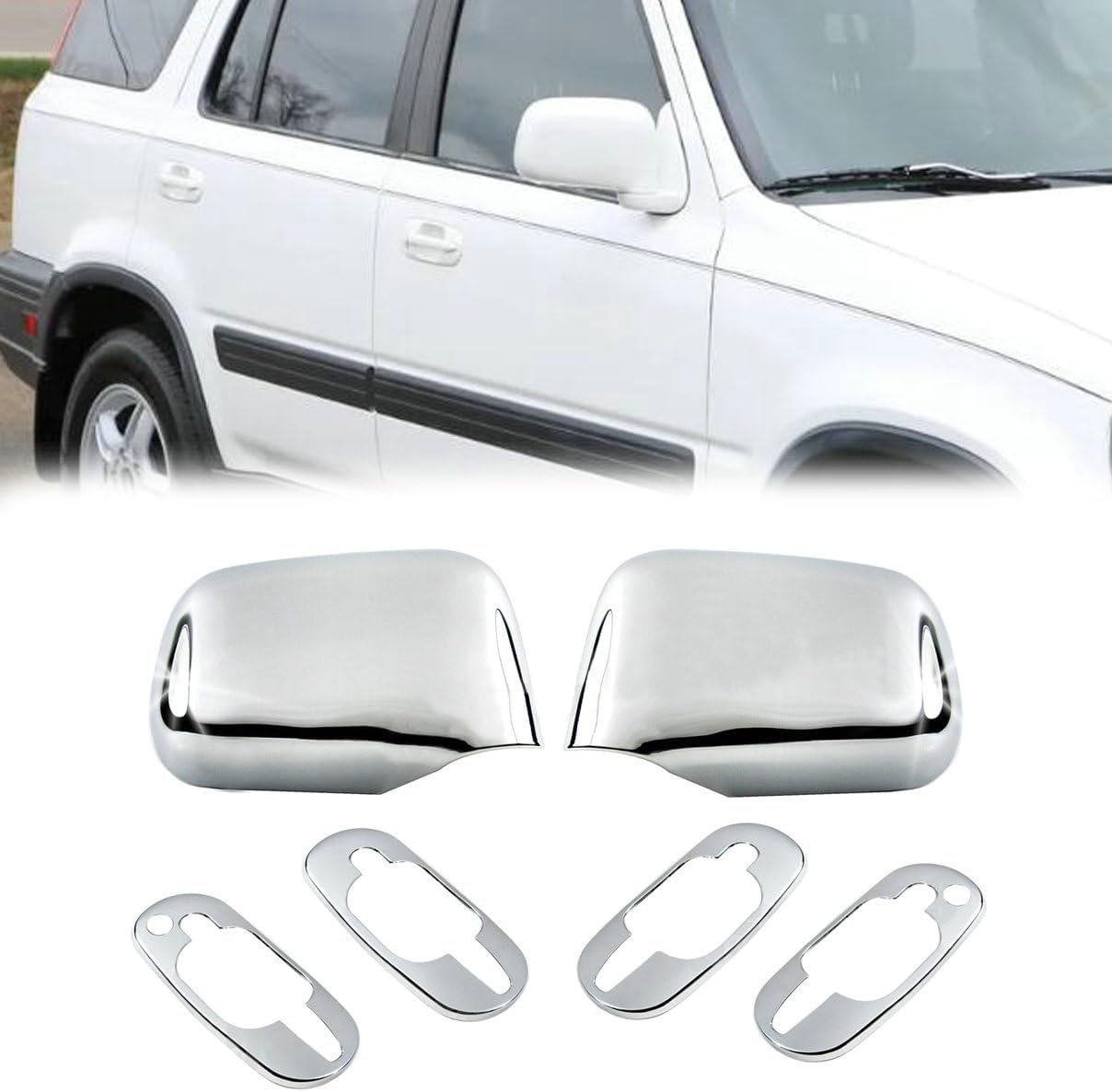 6PCS/Set Chrome Side Door Rearview Mirror Cap + Door Handle Cover Trim Compatible for Honda CR-V CRV 1997 1998 1999 2000 2001 Exterior Accessories