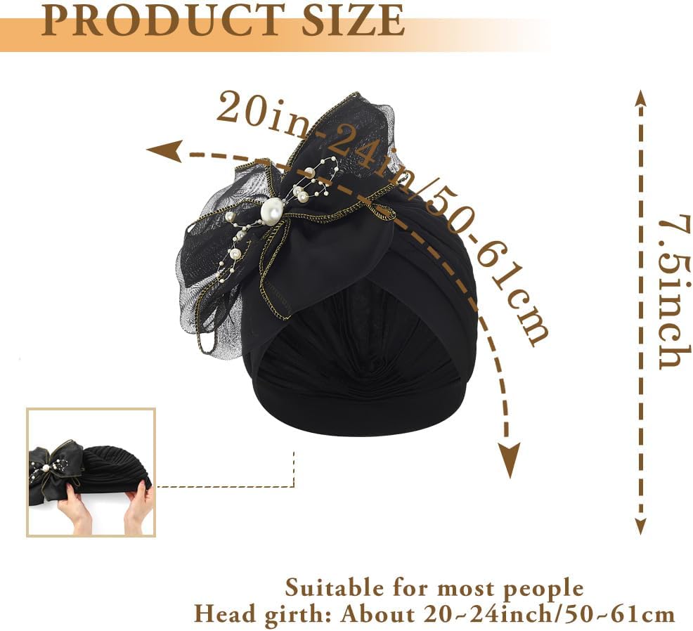 Bohend Big Flower Knotted Headwrap Cap Pearl Beads Pre Tied Turbans Beanie Bow Knot Bonnet Ruffle Stretch Headscarf Hat Women - Image 2