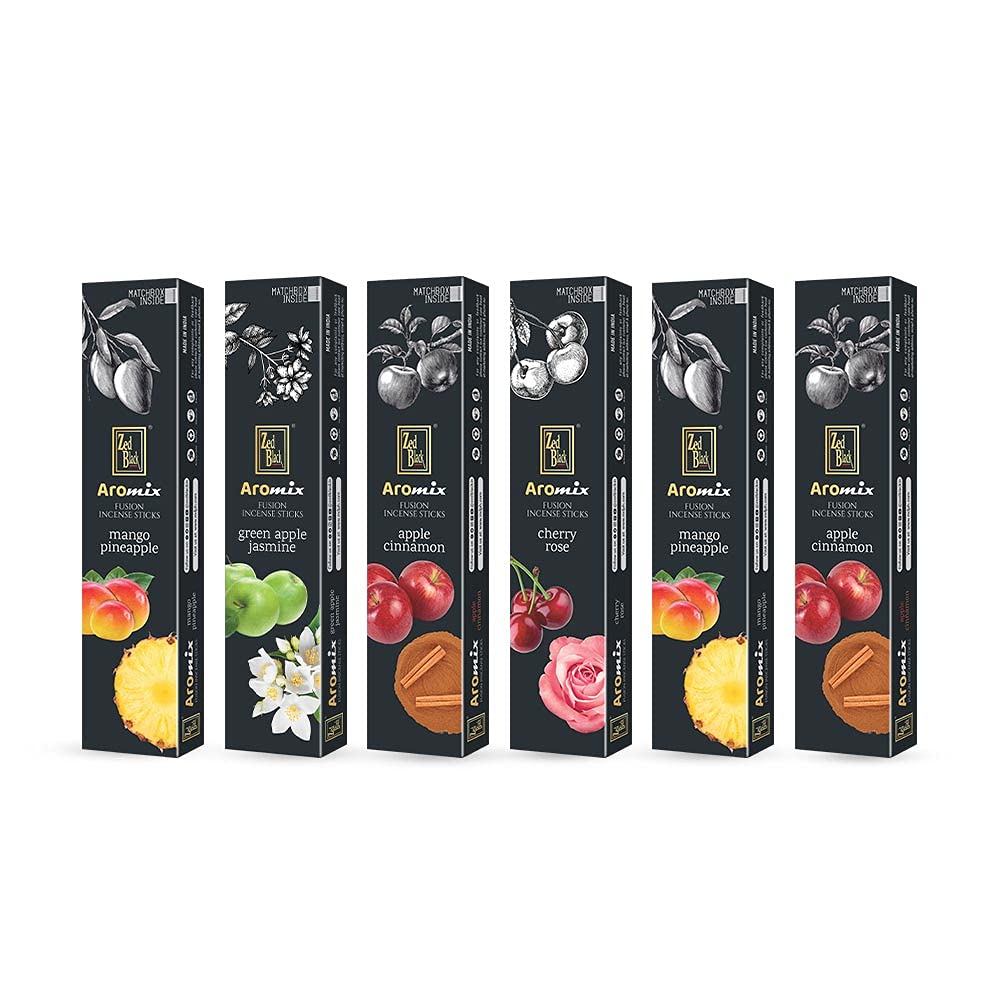 Zed Black Aromix Fusion Incense Stick for Everyday Use | Aroma Fragrance Sticks Pack of 6 (Mango & Pineapple, Green Apple & Jasmine, Cherry & Rose, Apple & Cinnamon)