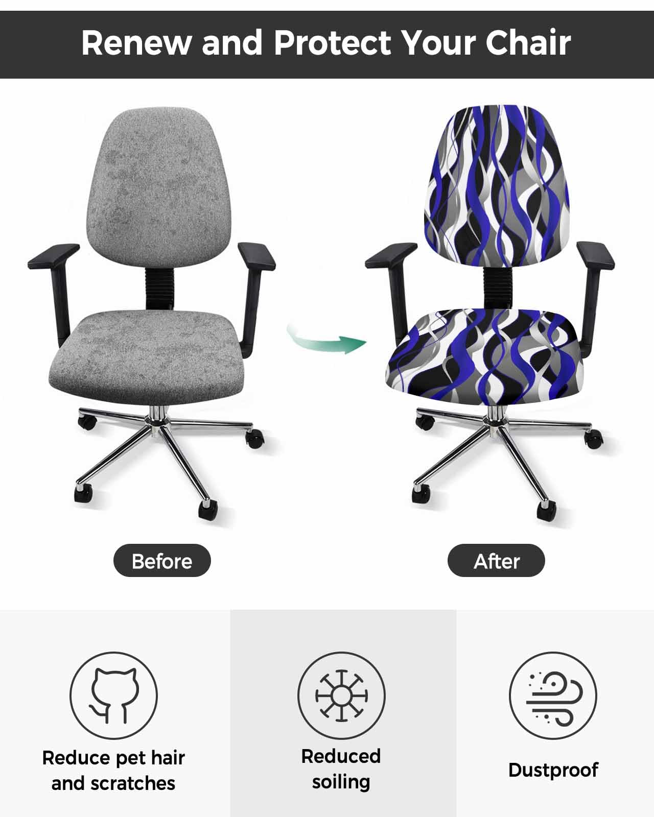 Blue Striped 2 Pieces Computer Office Chair Covers Set,Stretchable Desk Rotating Chair Seat Cushion Slipcover Back Covers,Modern Black Gray Ombre Abstract Geometric Slipcover Back Cover Protector