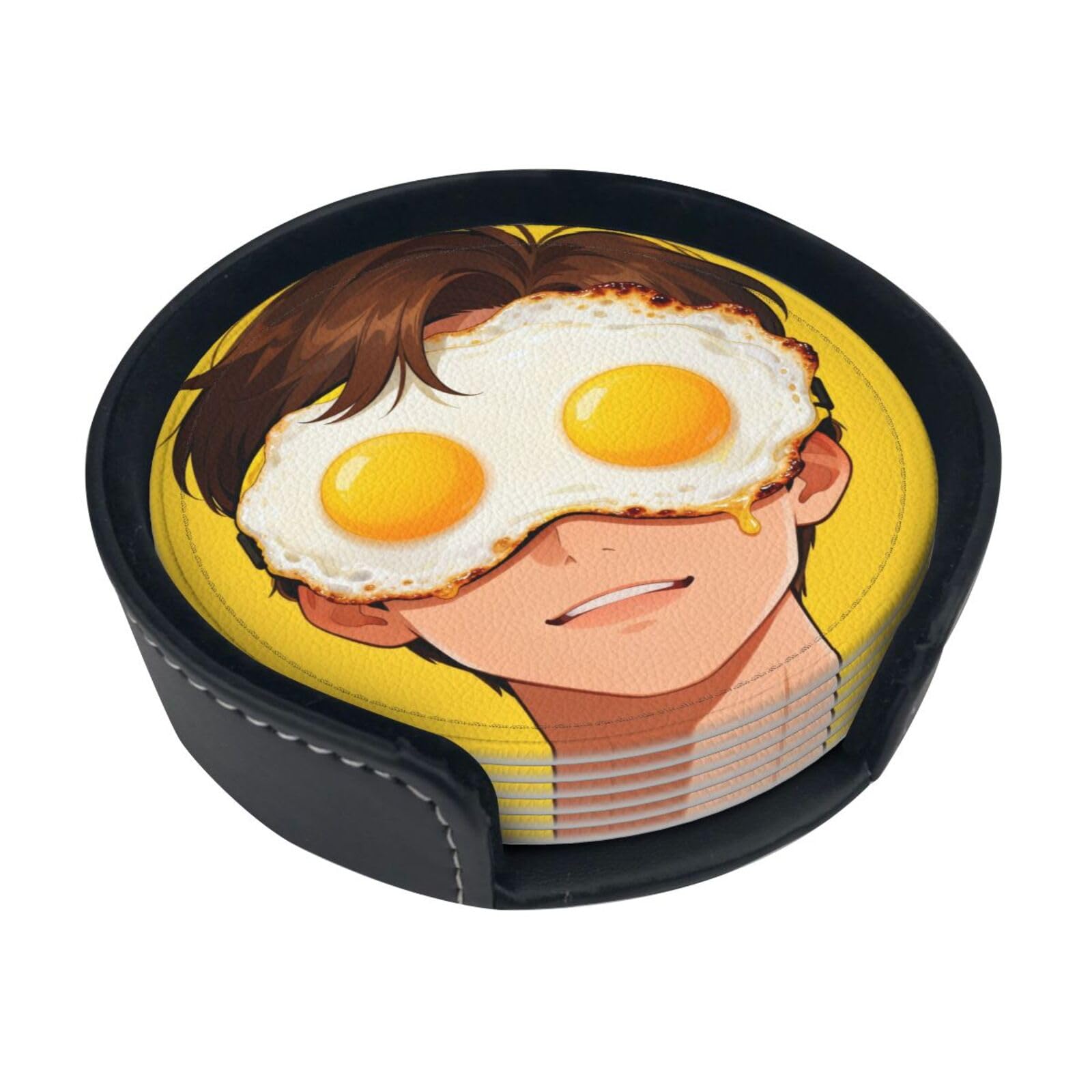 Cntdbu White Funny Eye Mask Leather Coasters Set Of 6-Pu Leather Drink Mats For Table, Heat Resistant Round Coasters With Holder