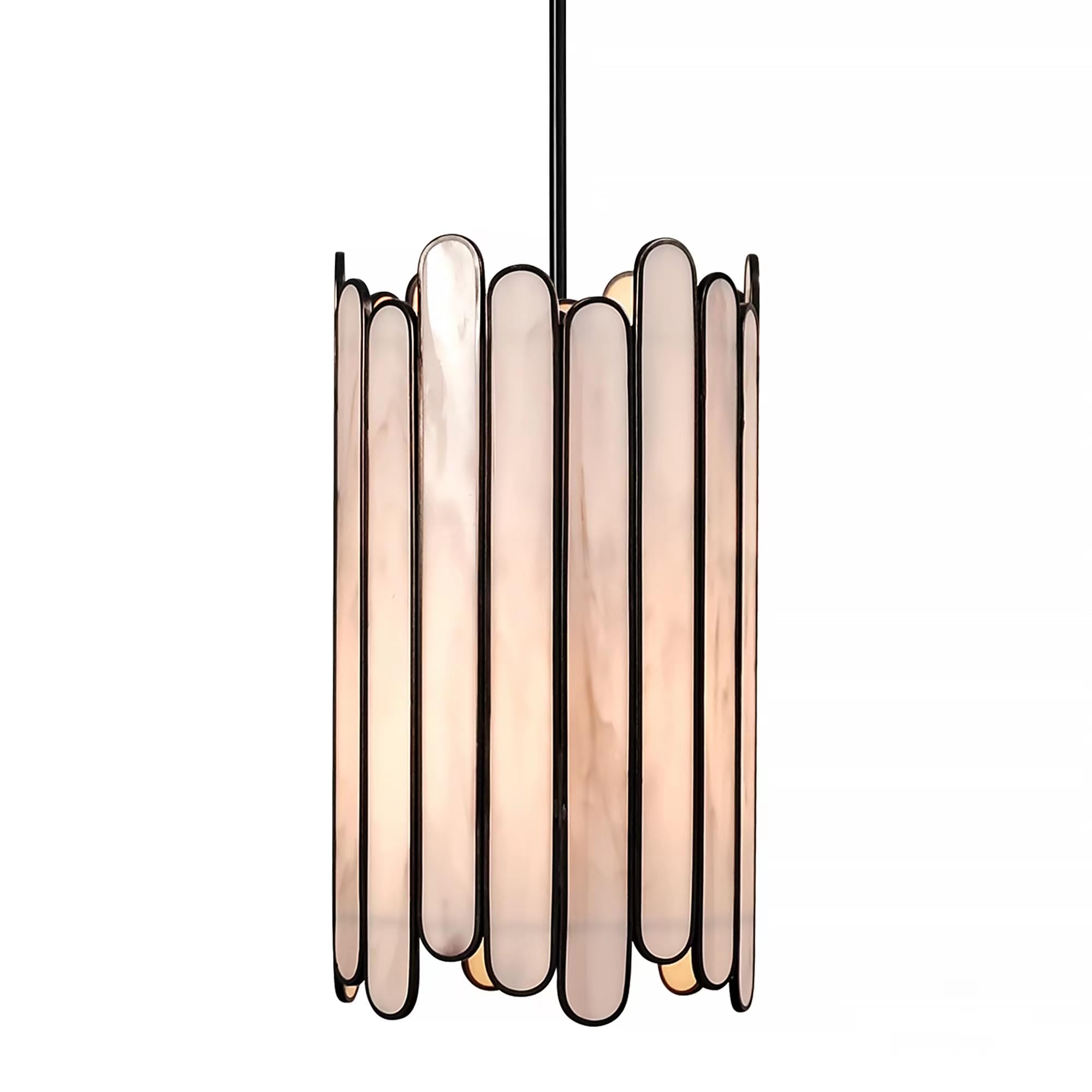 Homebelife Modern Pendant Light 6”Dia, Tiffany White Glass Cylinder Hanging Light Fixture in Metal Cage and Adjustable Chain for Bedroom, Kitchen Island, Hallway, Foyer and Dining Room, Matte Black