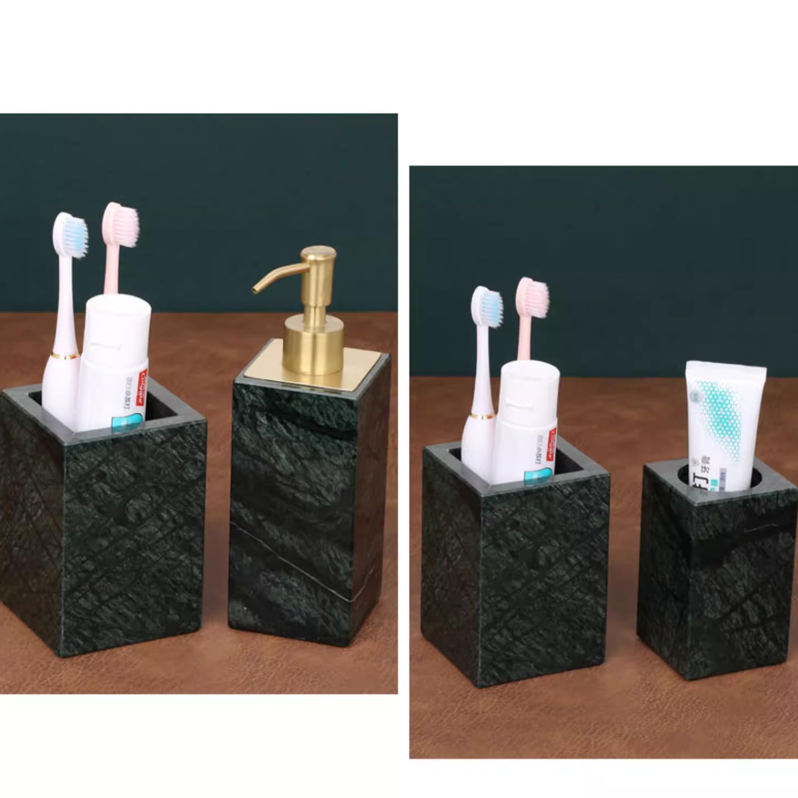 Distributeur de savon à main et vaisselle en marbre vert avec plateau, bouteilles d'aromathérapie, boîtes à dentifrice, distributeur de savon de cuisine, distributeur de liquide vaisselle avec pompe