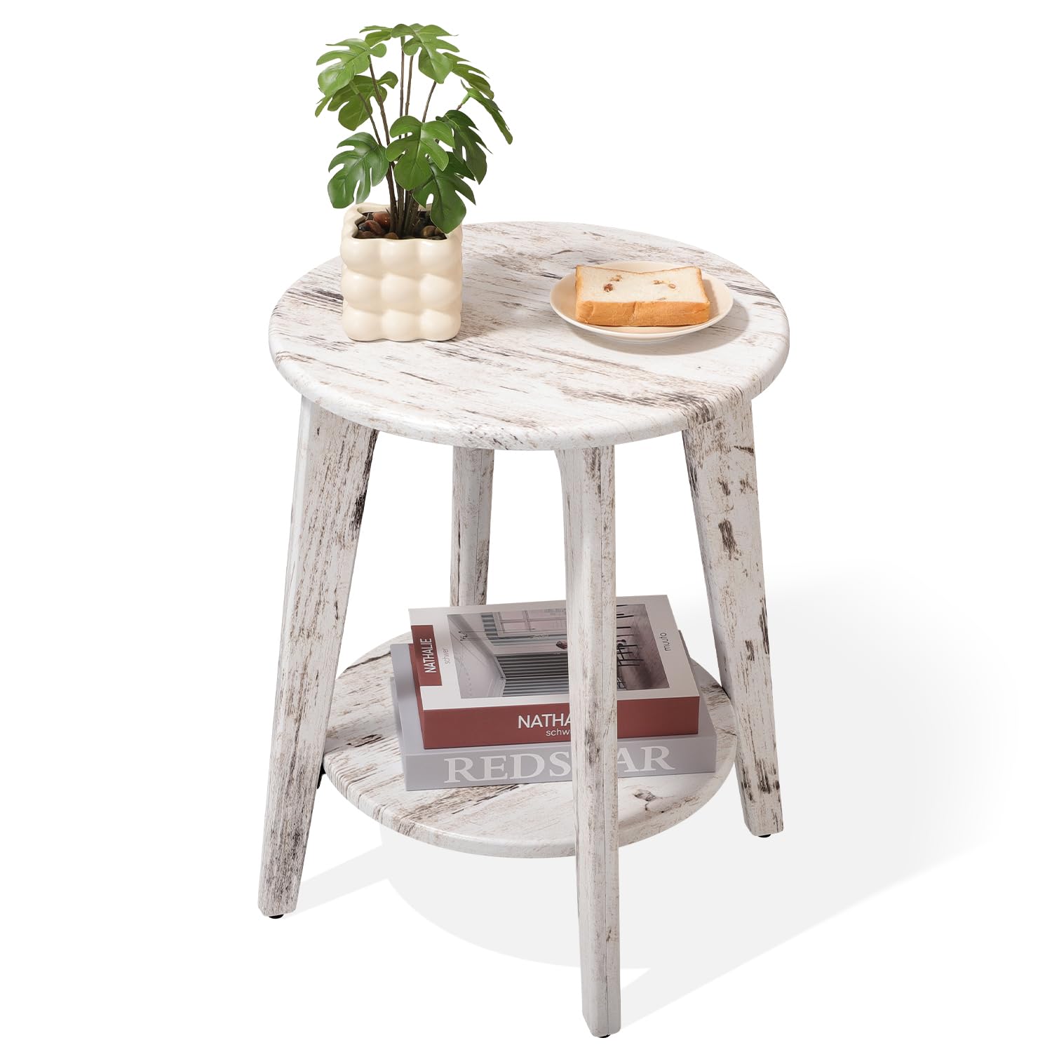 FEUFOAM Round Side Table White Wooden End Table with Lower Shelf Rustic Vintage Nightstand Beside Table Small Accent Tables for Living Room Bedroom Small Spaces