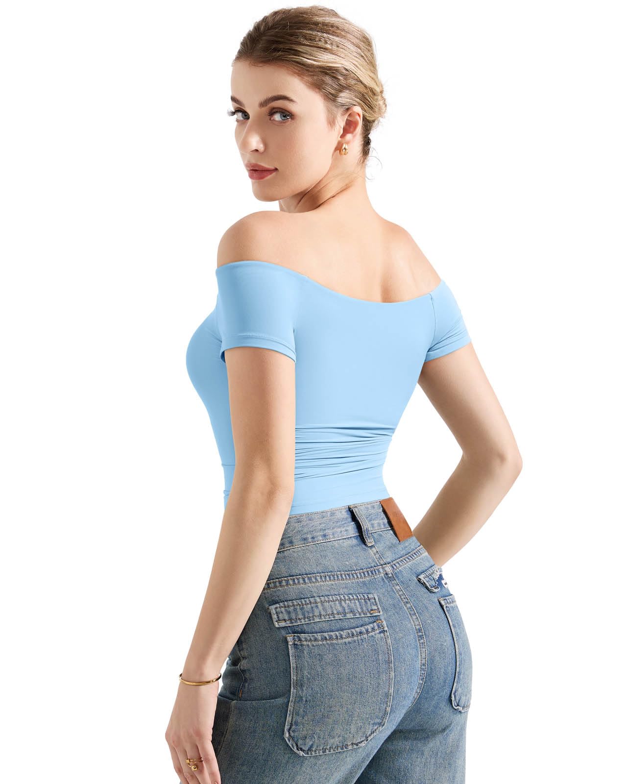 SUUKSESS Women Double Lined Off The Shoulder Tops Fitted Going Out Basic Shirts: Large Sky Blue
