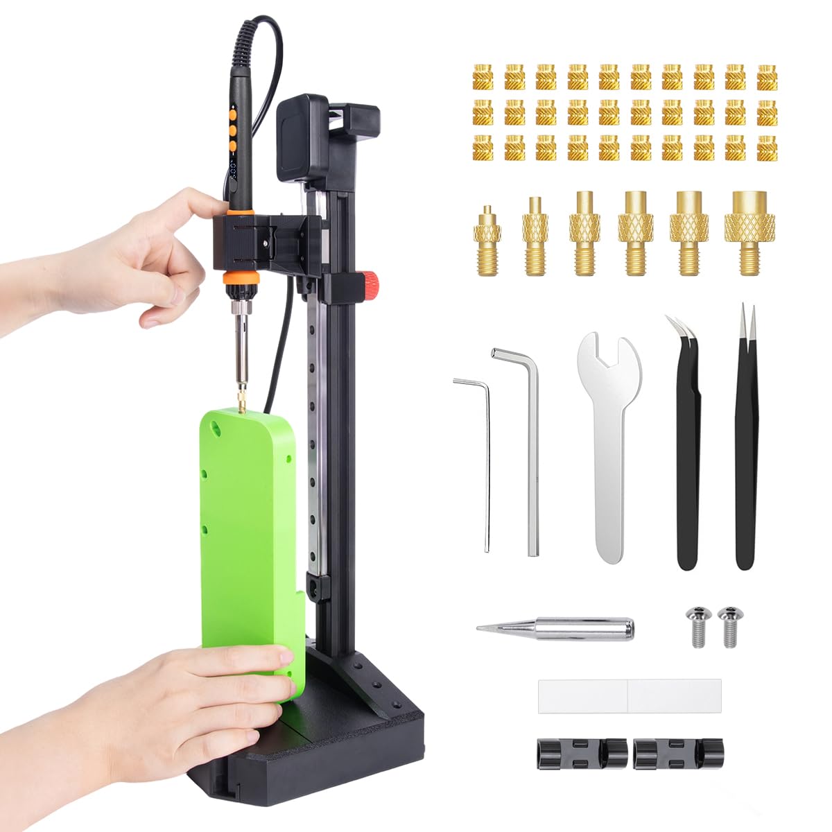 Nutopress Pro pionowy zestaw grzewczy, narzędzie do wkładania, lutownica 90 W, 30 mosiężnych wkładek gwintowych M2-M8 i końcówka zestawu Heat-Set, kompatybilny z PLA, ABS, PETG, do komponentów