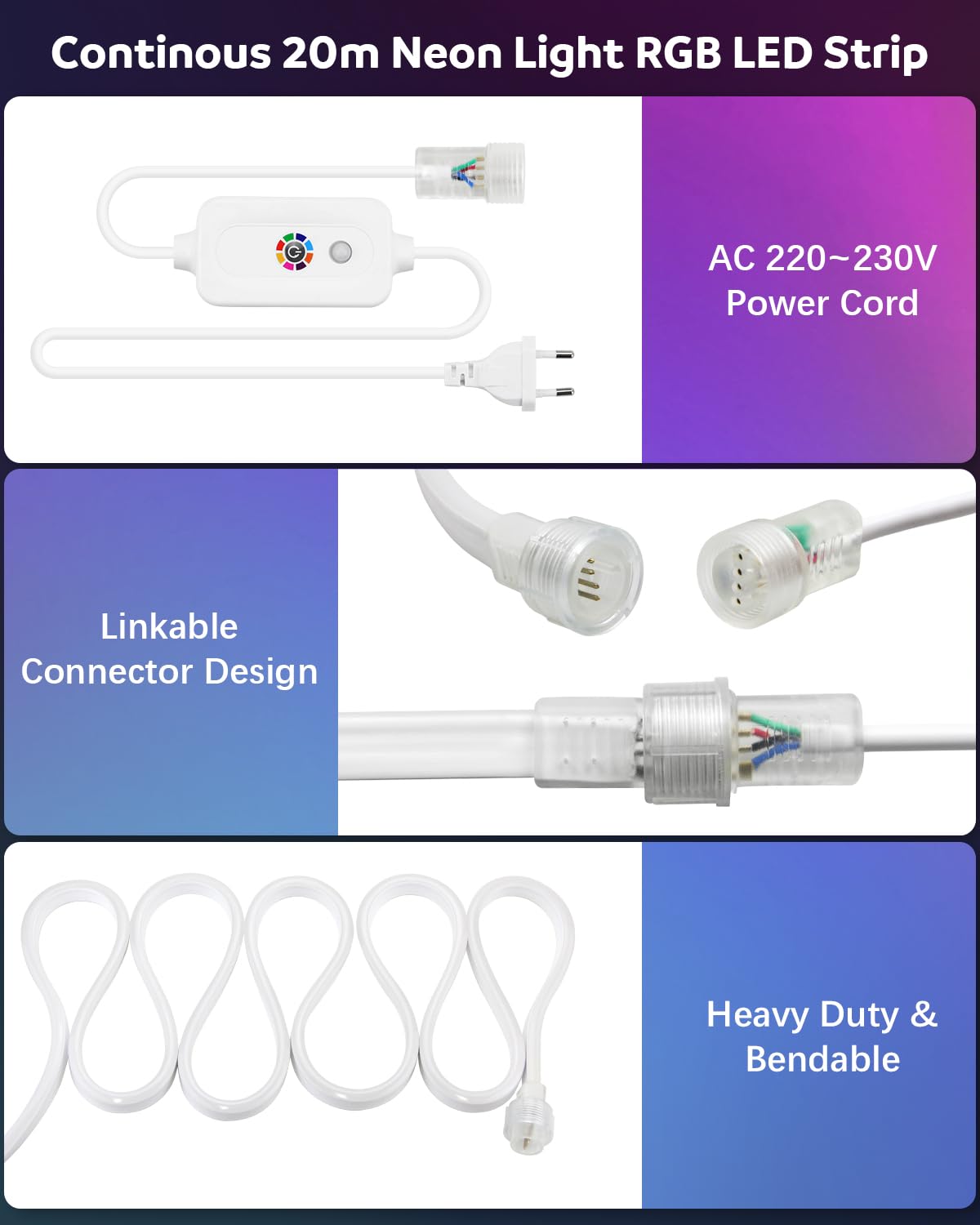 ALITOVE Tira de luces LED de neón RGB, 20 m, 230 V, conexión directa con mando a distancia, cambio de color, 80 ledes/m, resistente al agua, para jardín, piscina, fiesta, decoración del hogar (sin