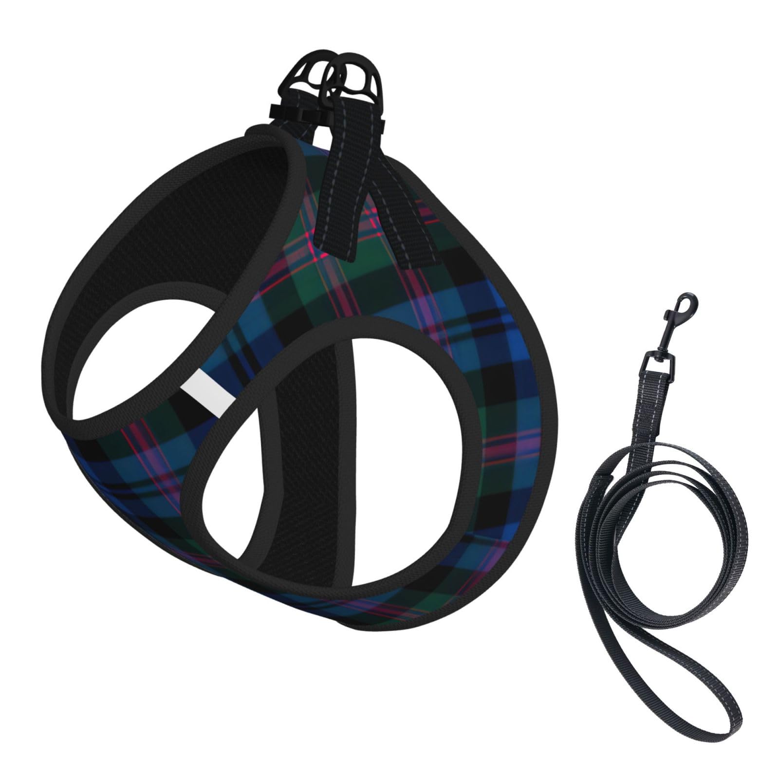 Blue And Green Scottish Tartan Print Adjustable Harness Leash Set For Cats And Dogs, Soft Breathable Kitten Puppy Mesh Vest With Reflective Design, Escape-Proof Lead For Small Pets Walking Training