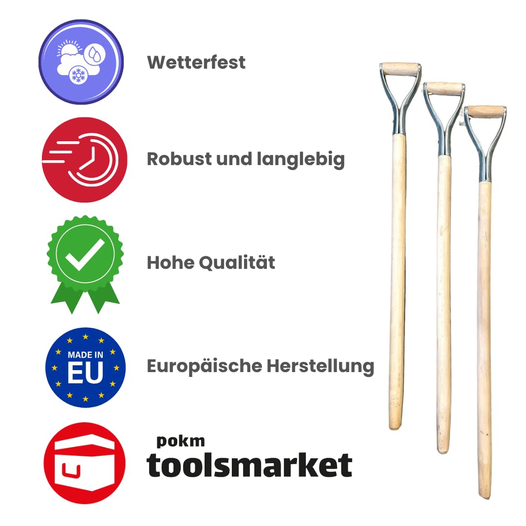 Holzstiele mit Metal, Schaufelstiel, Holzstiel, D Griff Für Spaten, Spatenstiel aus Bochenholz, Ersatzstiele Sehr Stark, Holzstiele für Gartengeräte - 3 STK.