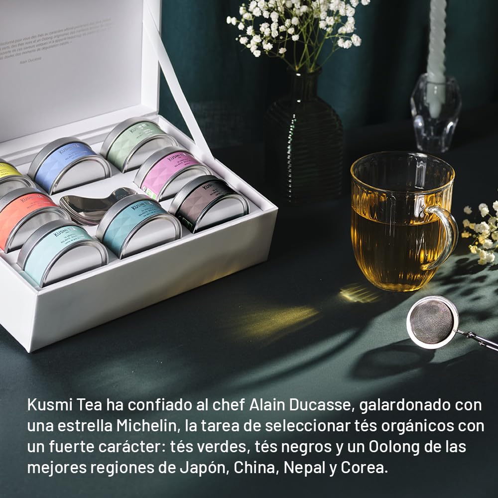 Kusmi Tea - Colección Alain Ducasse - 8 miniaturas de té natural de Asia + cucharilla de té - Surtido de tés orgánicos - Té verde y té negro - Idea de regalo para hombre y mujer - 8 cajas de 25 g
