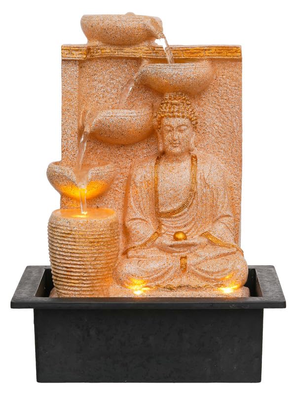 Image of Polyresin Sand Meditating Buddha Tabletop Indoor 4 Diya Steps Water Fountain for Home Decor with Yellow LED Light & Speed Controller Pump (Size: 40 x 29.5 x 22CM | Wt: 2685grm)