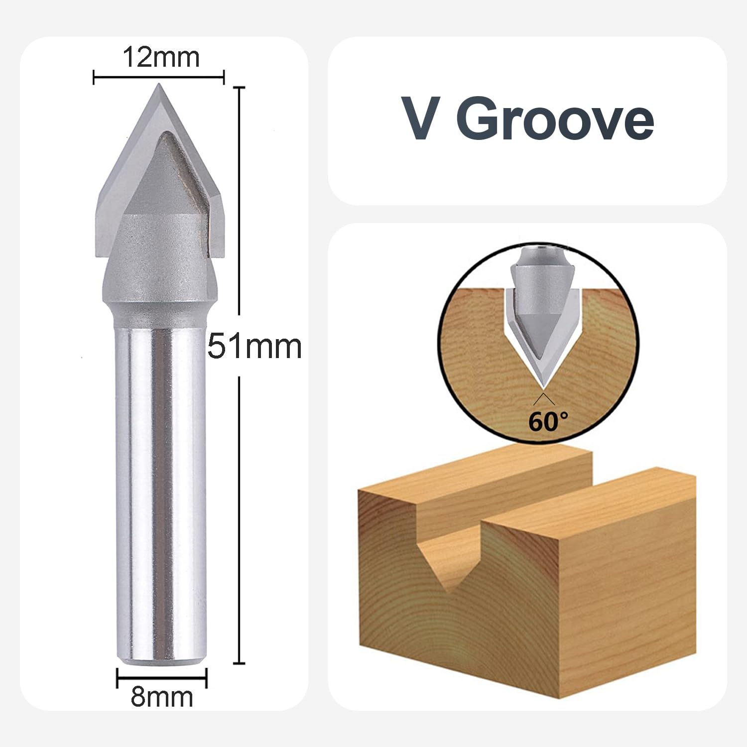 SpeTool Frez do fazowania 8 mm, trzonek 60 stopni, frez do grawerowania, 2 flety VHM 12 mm, średnica cięcia CNC, grawerowanie, frez do drewna, do frezarki górnowrzecionowej, do frezów trzpieniowych,