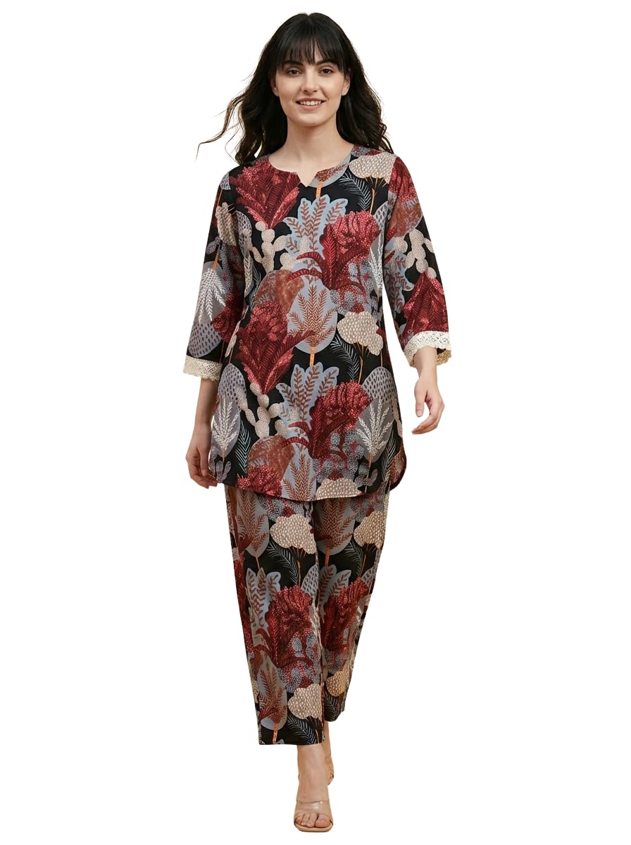 bee m pee designer Trendy Floral Printed Poly Rayon Cotton Latest Kurta Coord Sets for Women | Stylish Casual Kurti Tunic Cord Set with Pant for Woman for Office-picture-18