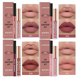 LANGMANNI 4pcs Matte Lipstick with Lipliners Durable Makeup Set,Long-Lasting Non-Stick Cup Not Fade Waterproof Pigmented Velvet Lipgloss Kit Beauty Cosmetics Makeup Gift for Girls(1+3+5+7)