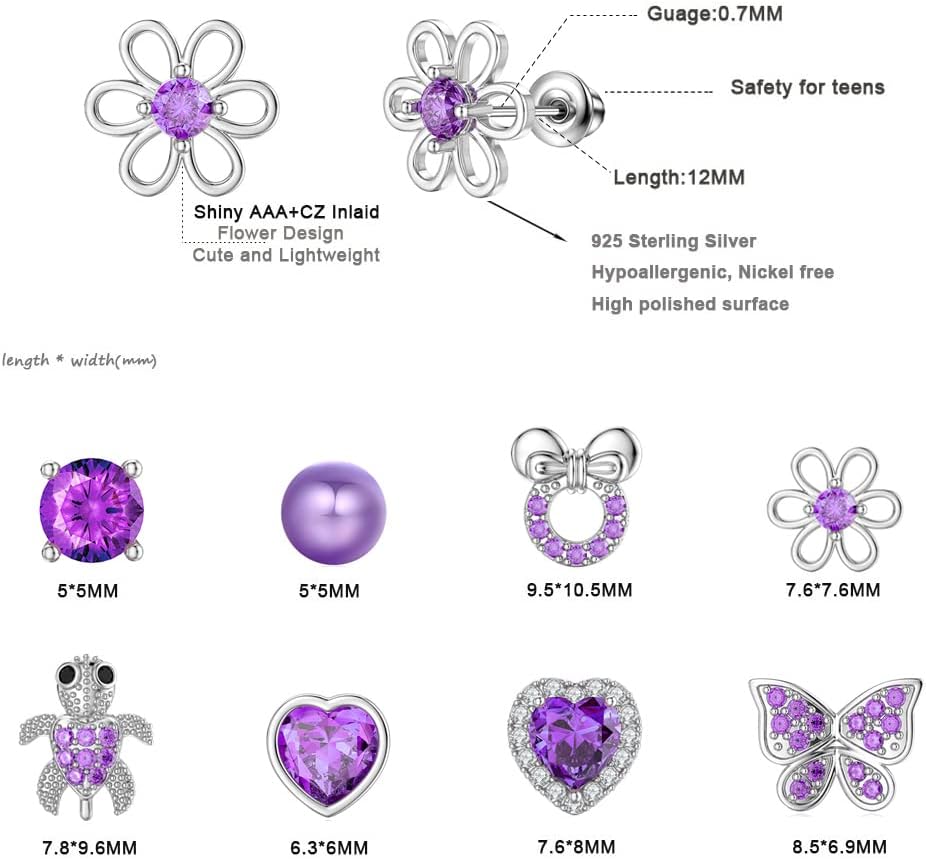 TOPBRIGHT 8 Pairs Hypoallergenic Earrings 925 Sterling Silver Stud Earrings Heart CZ Tiny Butterfly For Kids, Toddlers, Little Girls, Teens, Women