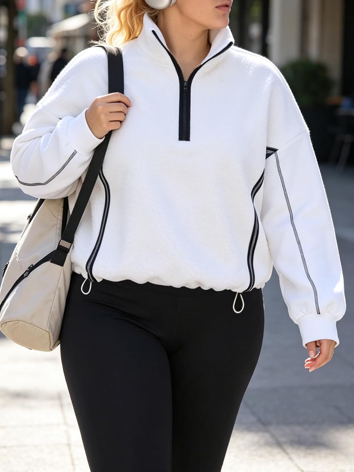 Women's Plus Size Half Zip Pullover Fleece Jacket White