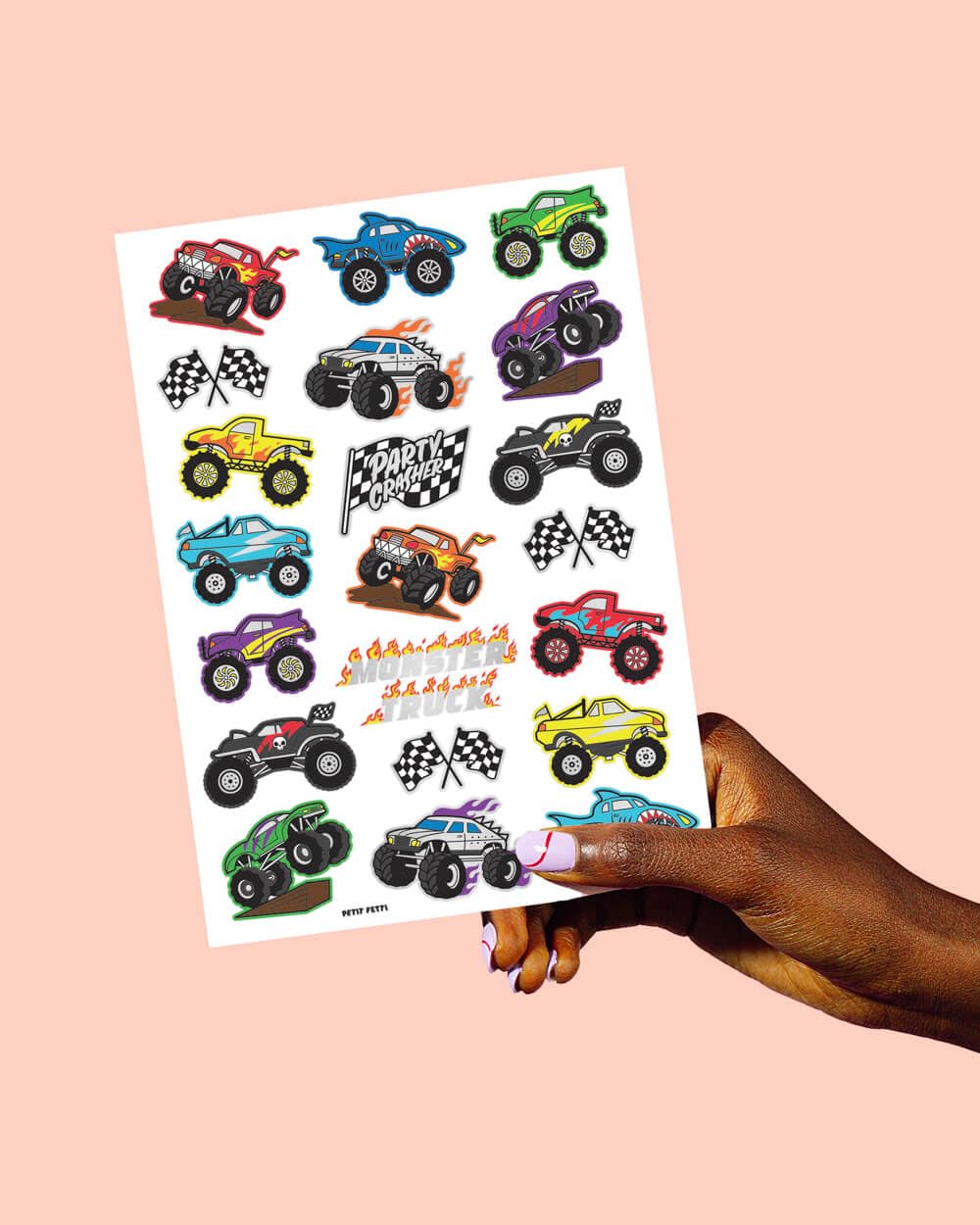 xo, Fetti Monster Truck Party Supplies Temporary Tattoos - 42 Metallic Styles | Trucks, Big Cars, Finish Lines + Flames