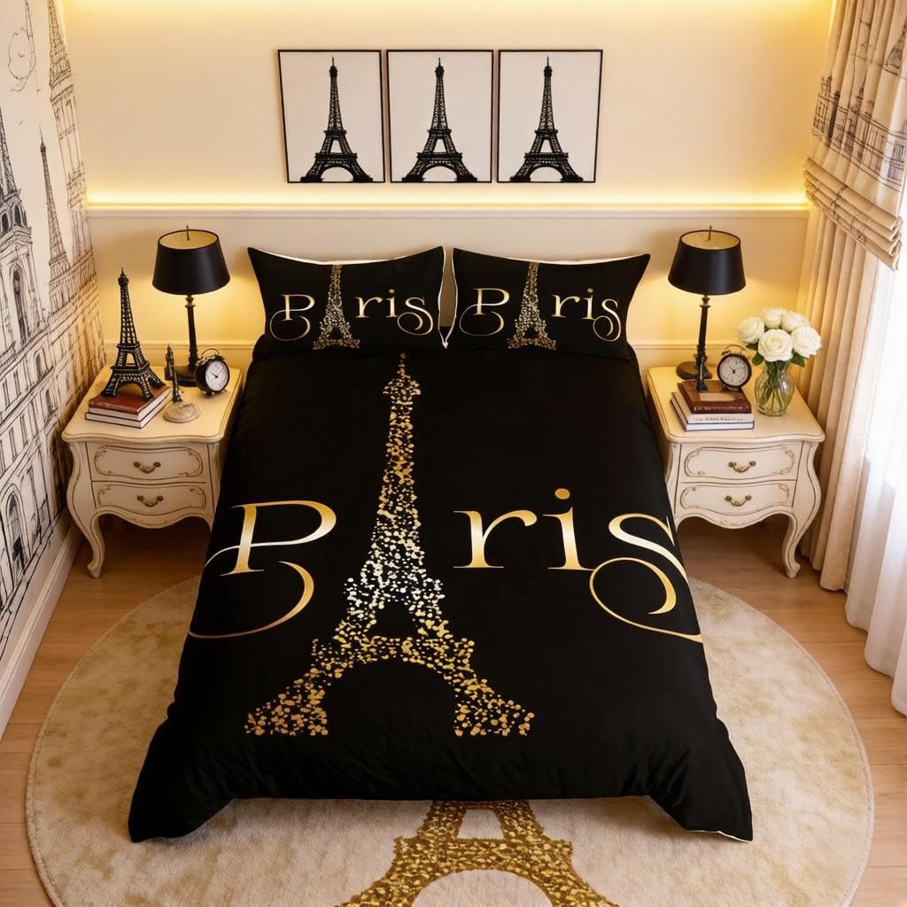 Loussiesd Eiffel Tower Bedding Set King Size Romantic Paris Theme Duvet Cover for Kids Girls Adults Cityscape Comforter Cover Luxury Bedspread Cover French Room Decor 3Pcs Bedding Black Golden — image 1