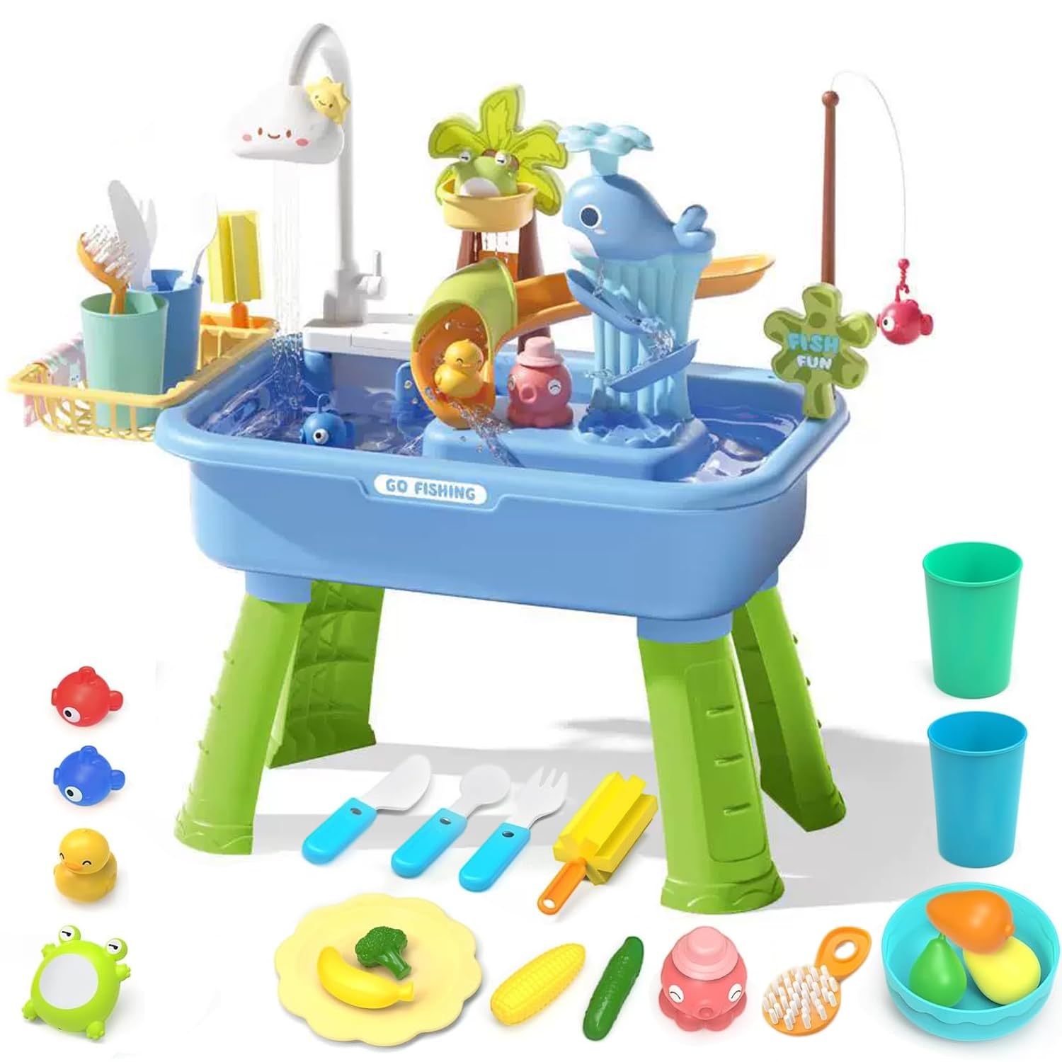 Upgraded Toddler Sand Water Table Toy with Electric Water Pump, Kids Sand Water with Faucet/Play Food Accessories/Fishing Toy, Kitchen Play Sink Toys for Girl Boy Age 3+