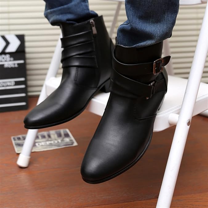 Mens Boots Men's high-heeled shoes casual zipper pointed ankle boots formal buckle superfine fiber leather boots.