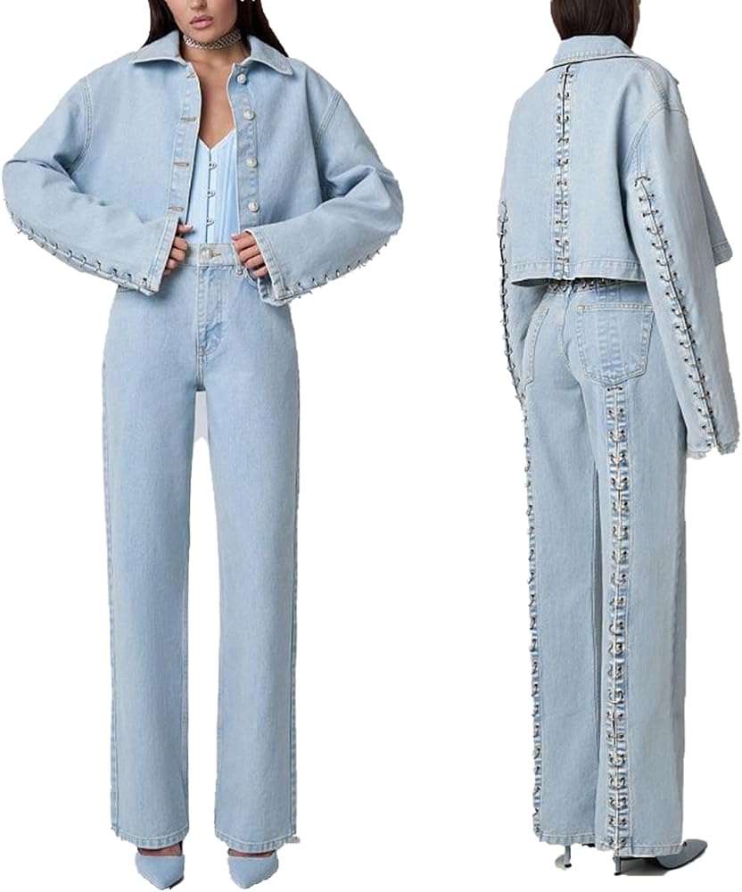 Amazon.com: Mandonce Women's Two Piece Denim Set Loop Button Down Tank  Jacket and Wide Leg Jeans 2 Piece Outfit Suits Blue : Sports \u0026 Outdoors